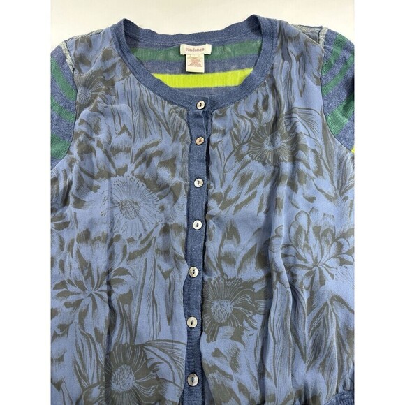 Sundance Multi Media Cardigan Blue Purple Stripe Floral Medium Linen Silk - Picture 9 of 11